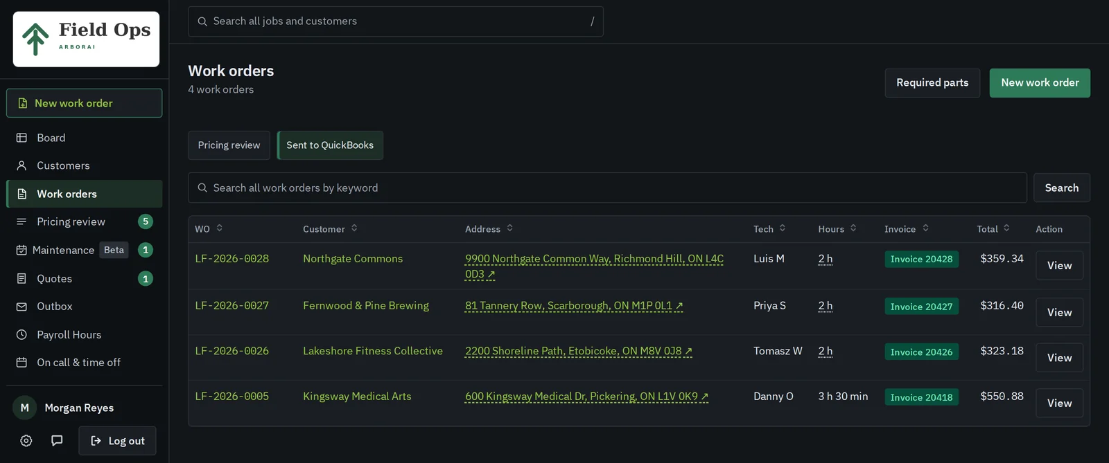 Work order list filtered to jobs sent to QuickBooks, each with its QuickBooks invoice number and total
