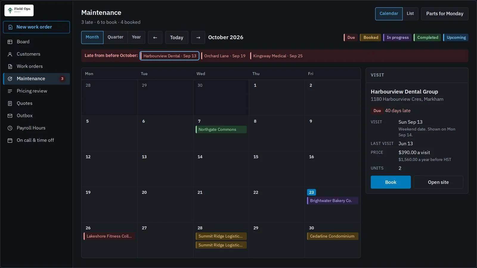 Month calendar of maintenance visits coloured Due, Booked, In progress, Completed and Upcoming, with late visits in a strip above and a visit panel with a Book button