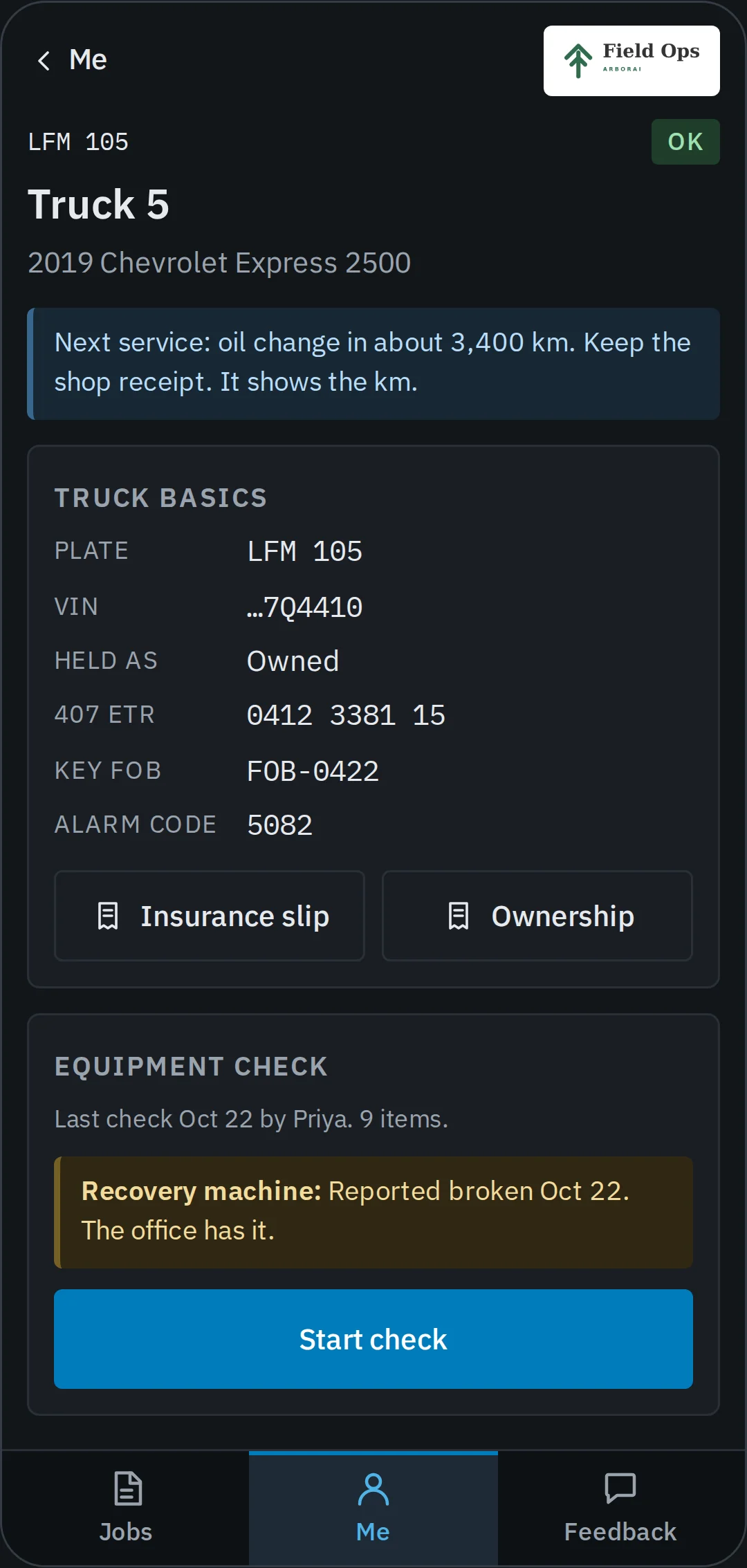 Phone screen with a technician's truck basics and an equipment check button